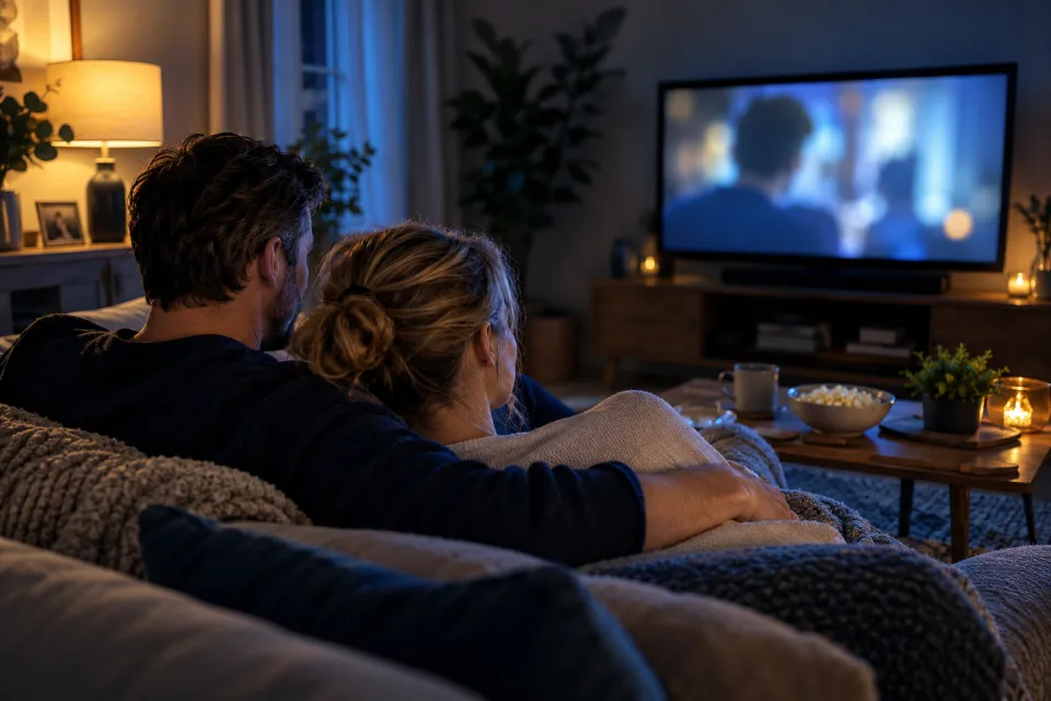 Adults watching television at home