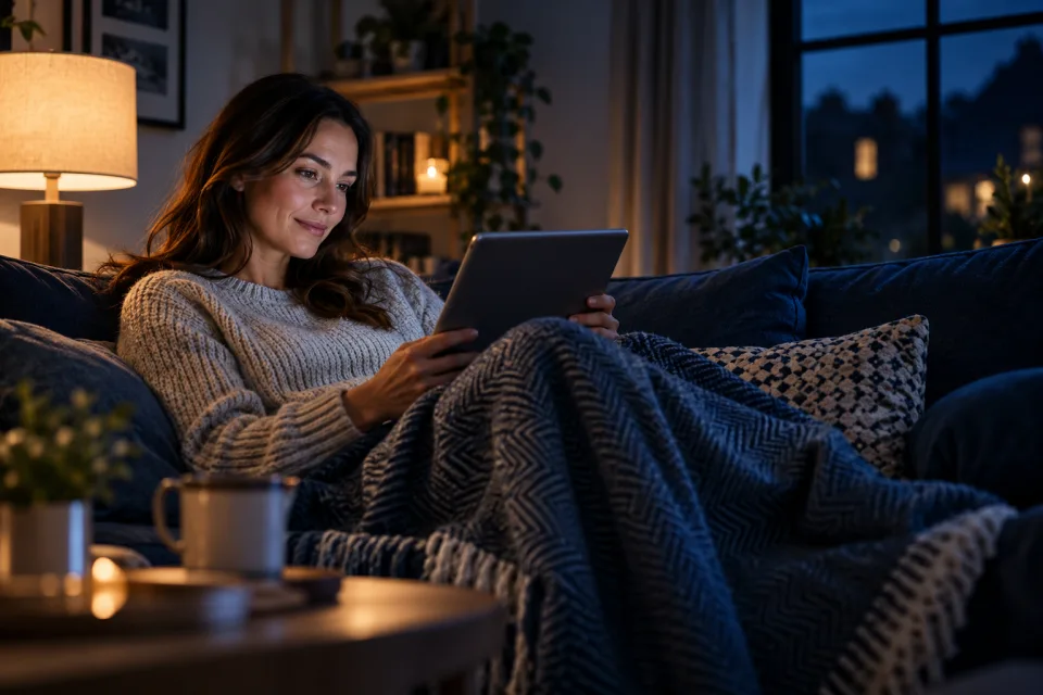A viewer using a tablet at home